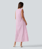 Robe débardeur midi décontractée col rond sans manches en vichy froissé avec poches