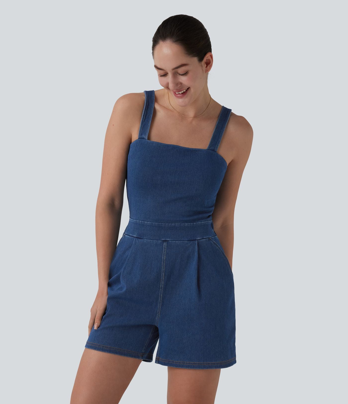 Halara Flex™ Combinaison short casual en denim sans manches à encolure carrée avec poches — Édition Easy Peasy