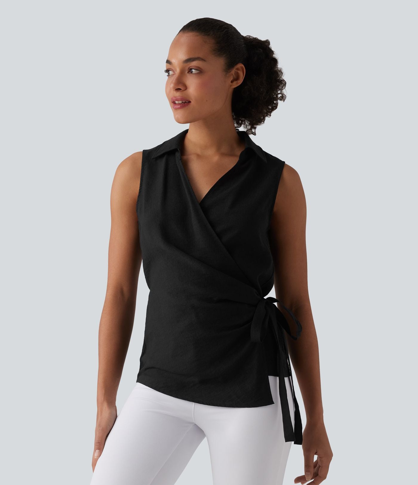 Chemise de travail sans manches col V cache-cœur avec lien latéral