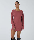 Robe Sweatshirt Casual Col Bateau Manches Raglan Avec Trous Pour Les Pouce Ourlet Fendu en Waffle