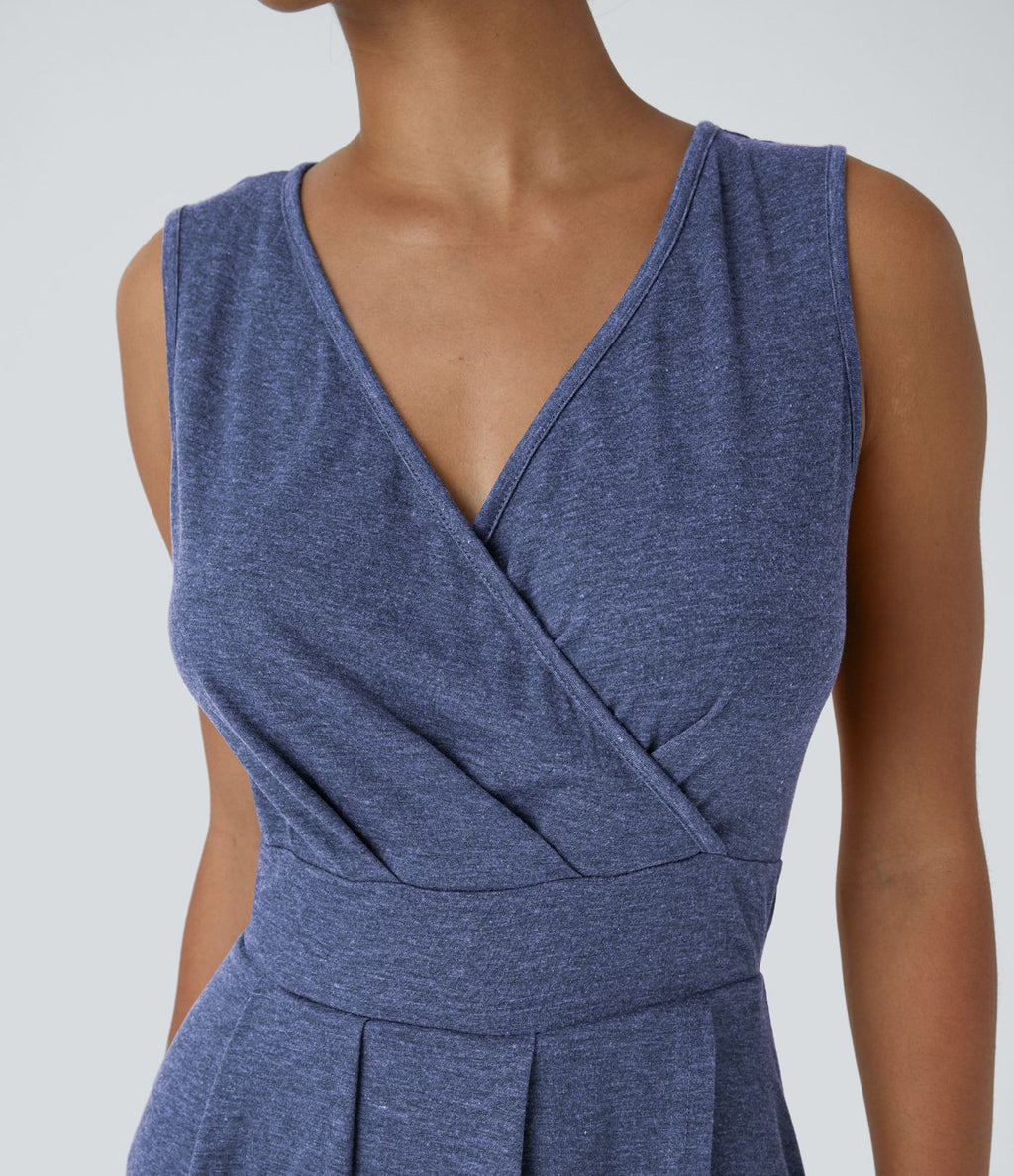Robe Mi-Longue Plissée Décolleté Plongeant Sans Manches Haut Bas Ourlet Croisé