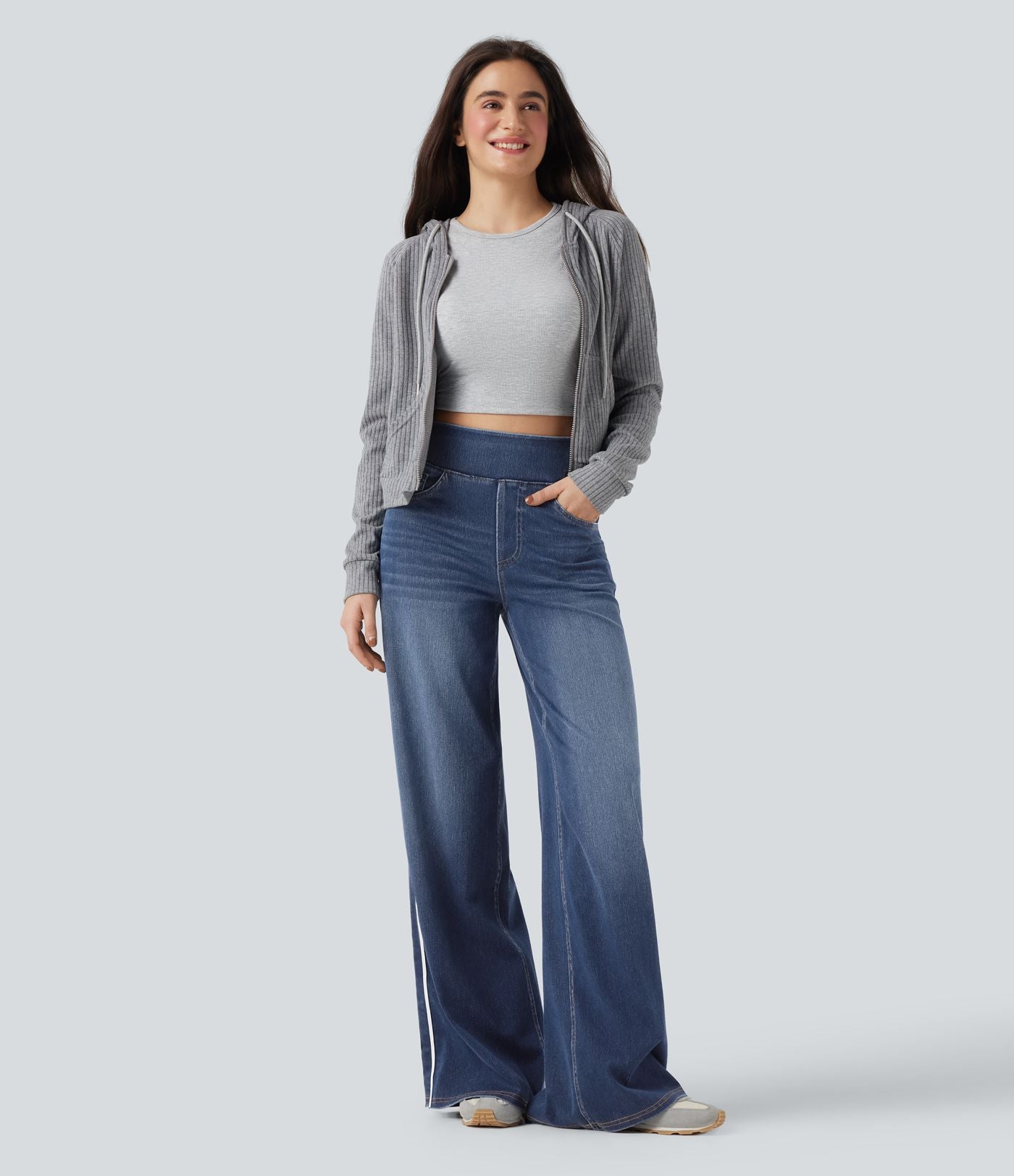 Halara Flex™ Jean large fluide délavé taille haute à rayures avec poches