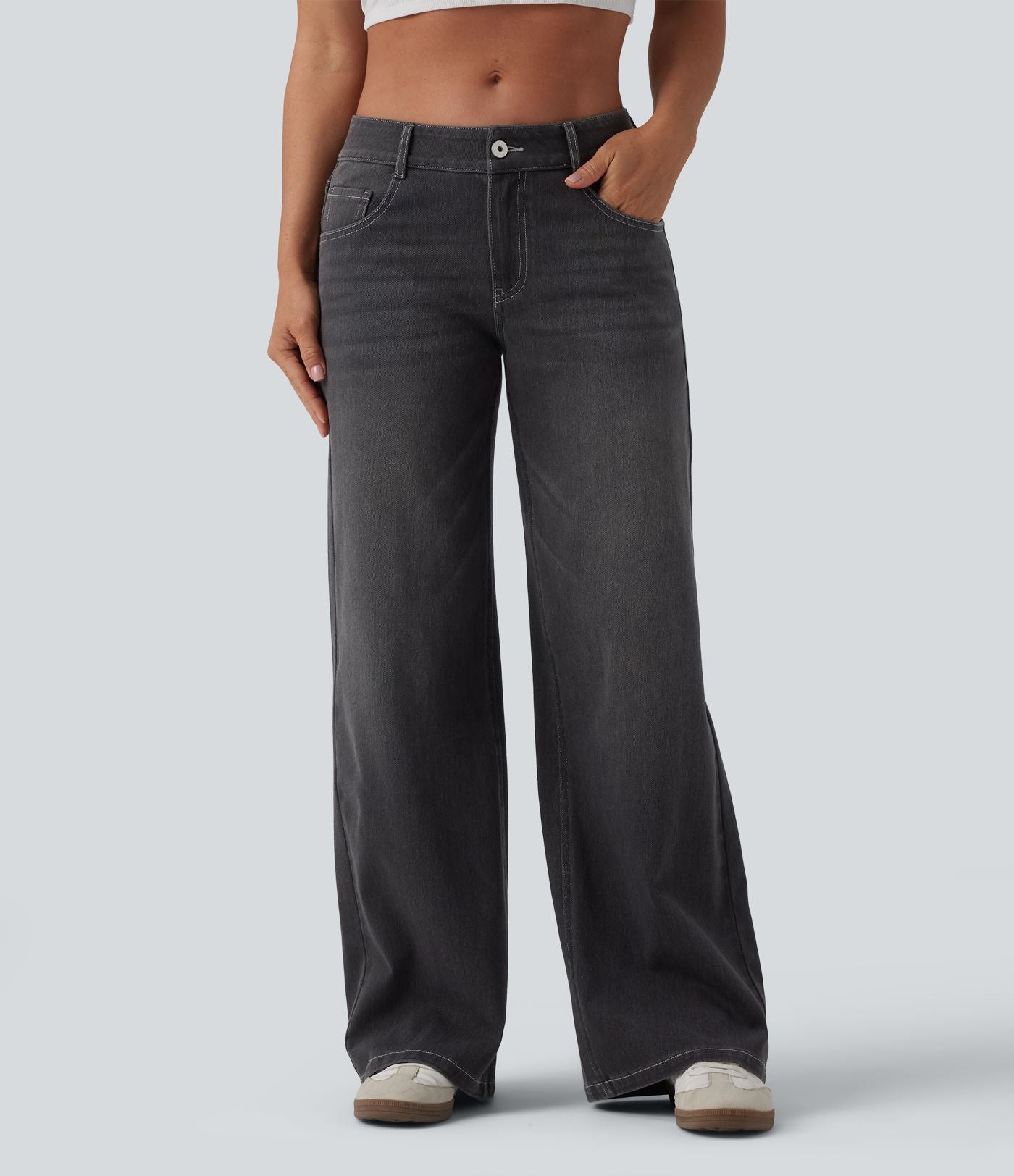 Halara Flex™ Jean Large Casual Taille Basse avec Boutons Zip Multiples Poches Lavés Élastiques et Tricotés