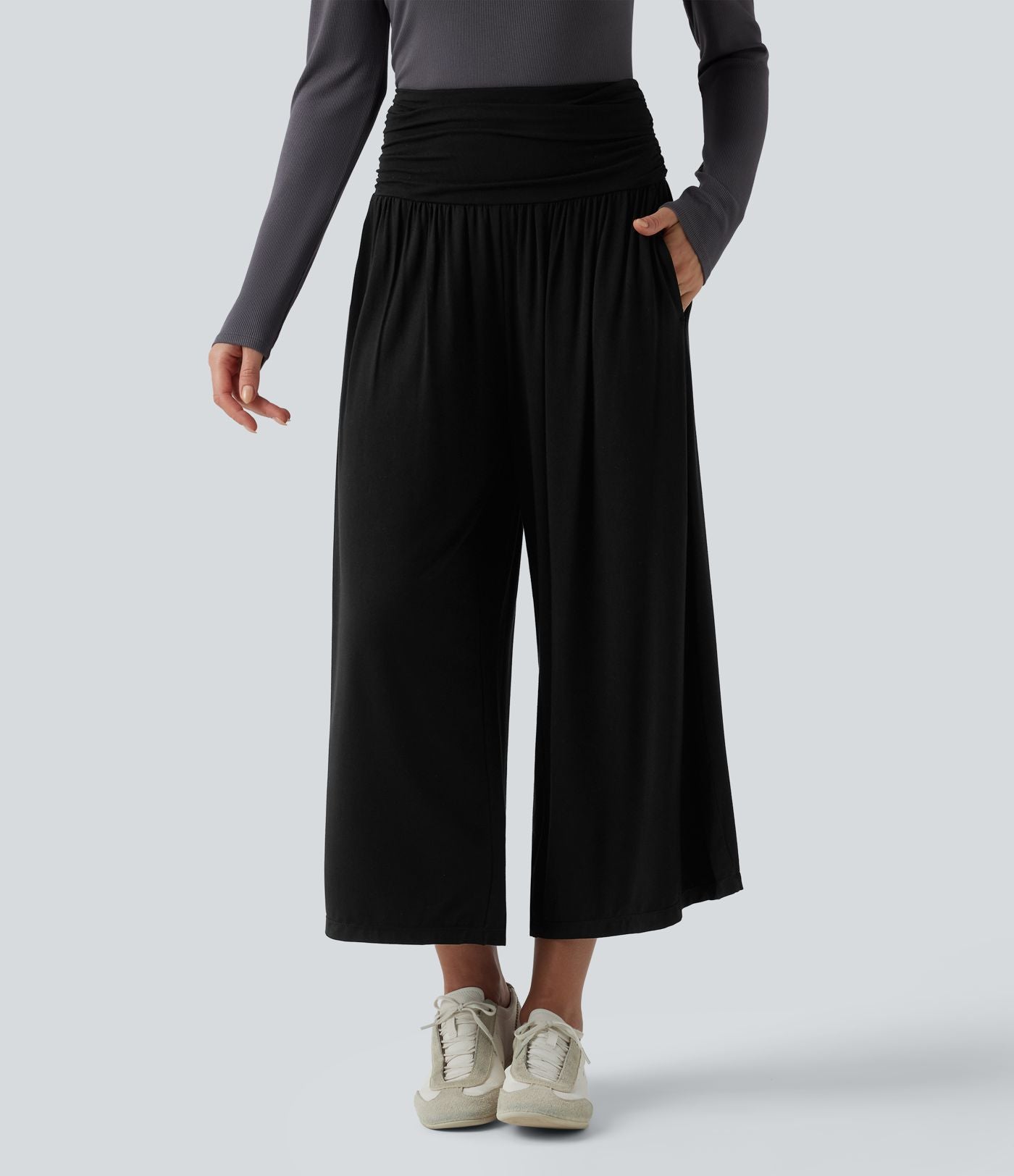 Pantalon casual 7/8 large taille haute à fronces avec poches