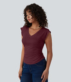 T-shirt décontracté col V manches courtes ourlet arrondi froncé