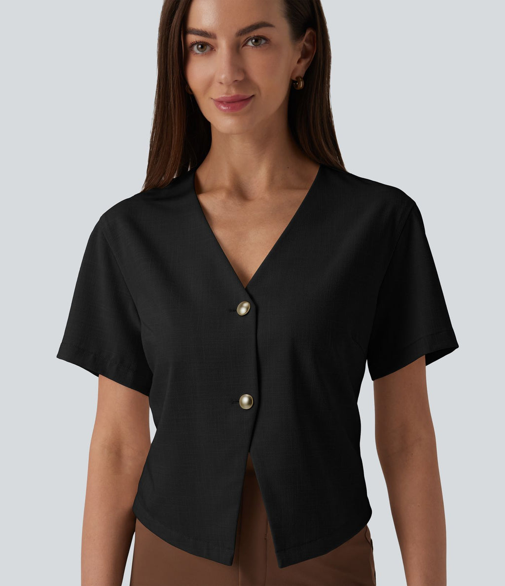 Blouse de travail col V manches courtes aspect lin