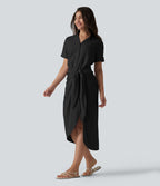 Robe-chemise casual midi en mousseline infroissable manches courtes portefeuille avec nœud frontal et poche