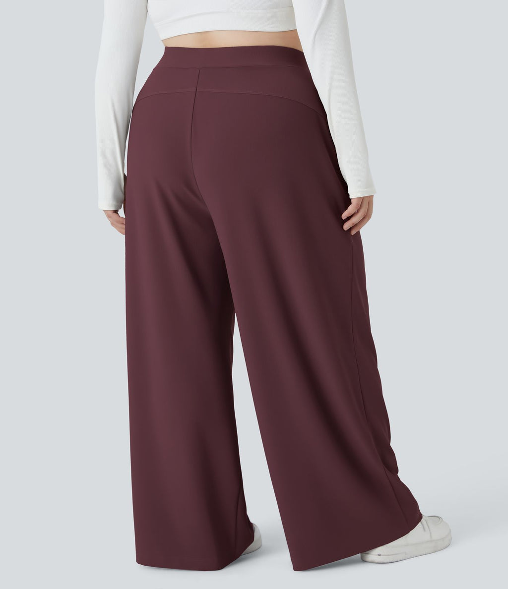 Pantalon de travail grande taille Halara Flex™ à taille haute sculptante et amincissante, poches latérales, jambes larges et tissu micro-gaufré