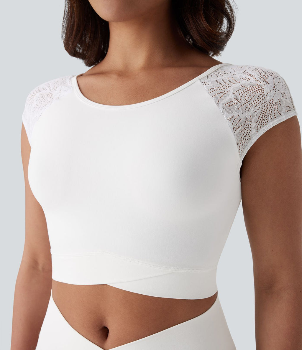 Softlyzero™ Haut de sport de yoga court dos nu avec dentelle contrastée et ourlet croisé-UPF50+