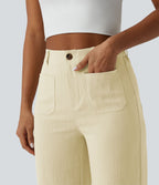 Pantalon taille haute coupe droite effet lin avec poches