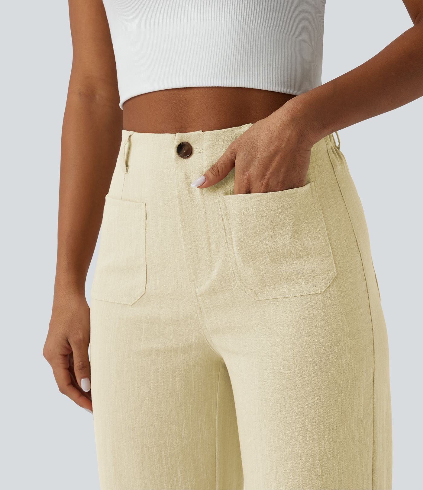 Pantalon taille haute coupe droite effet lin avec poches