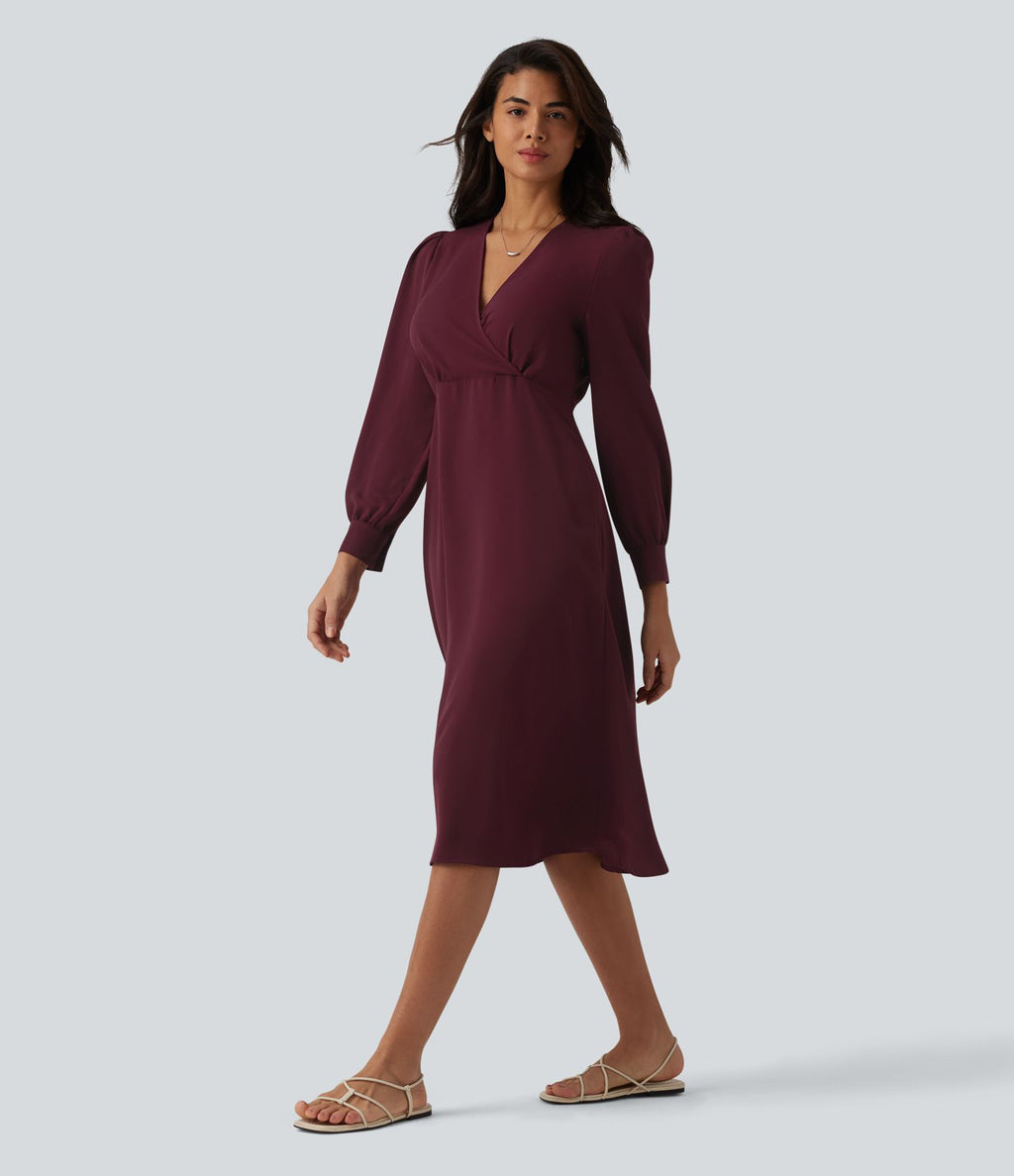 Robe casual midi col V à manches longues bouffantes