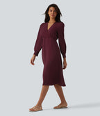 Robe casual midi col V à manches longues bouffantes