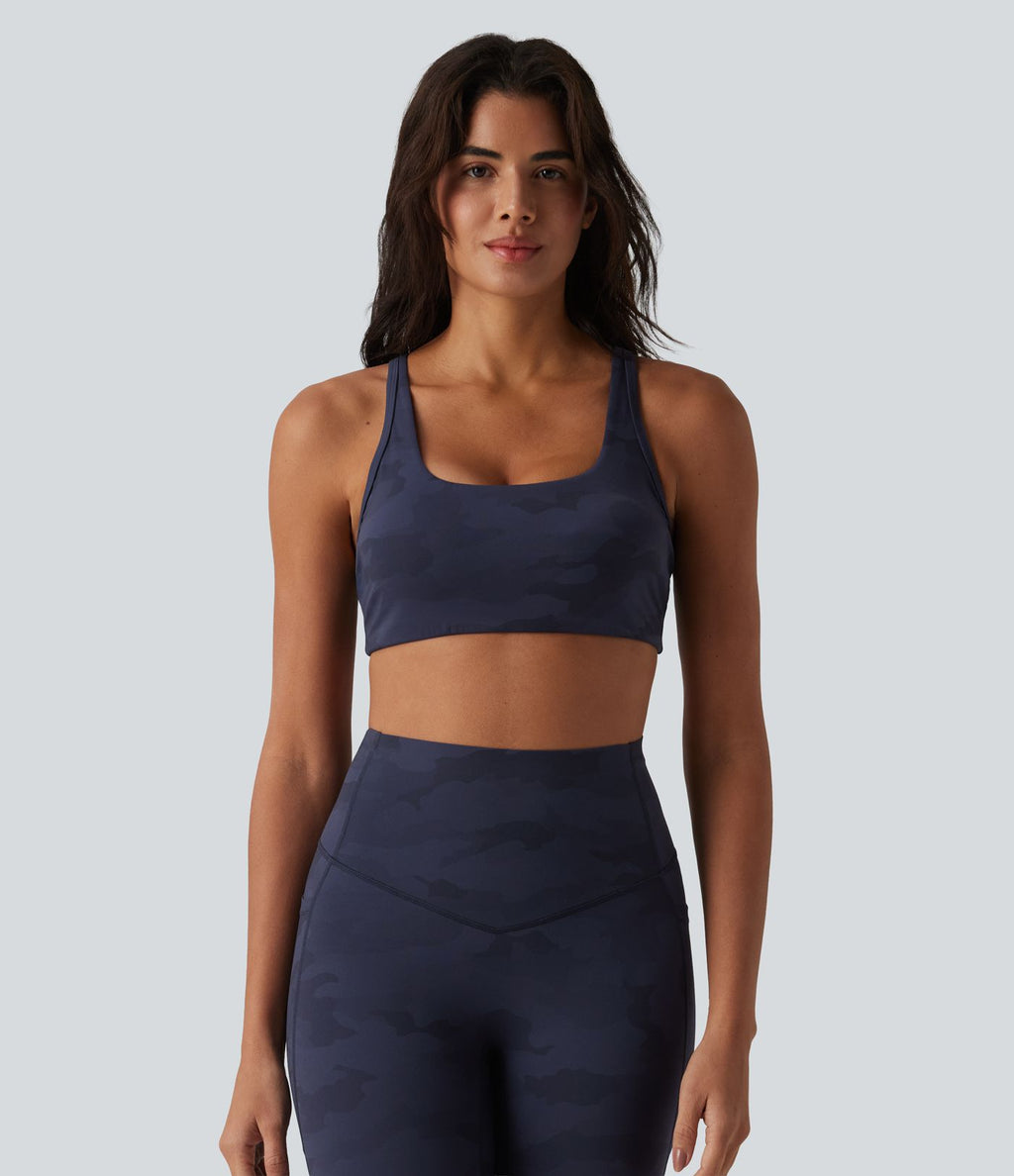 Halara UltraSculpt™ Brassière de sport yoga maintien léger col U à découpes imprimé camouflage