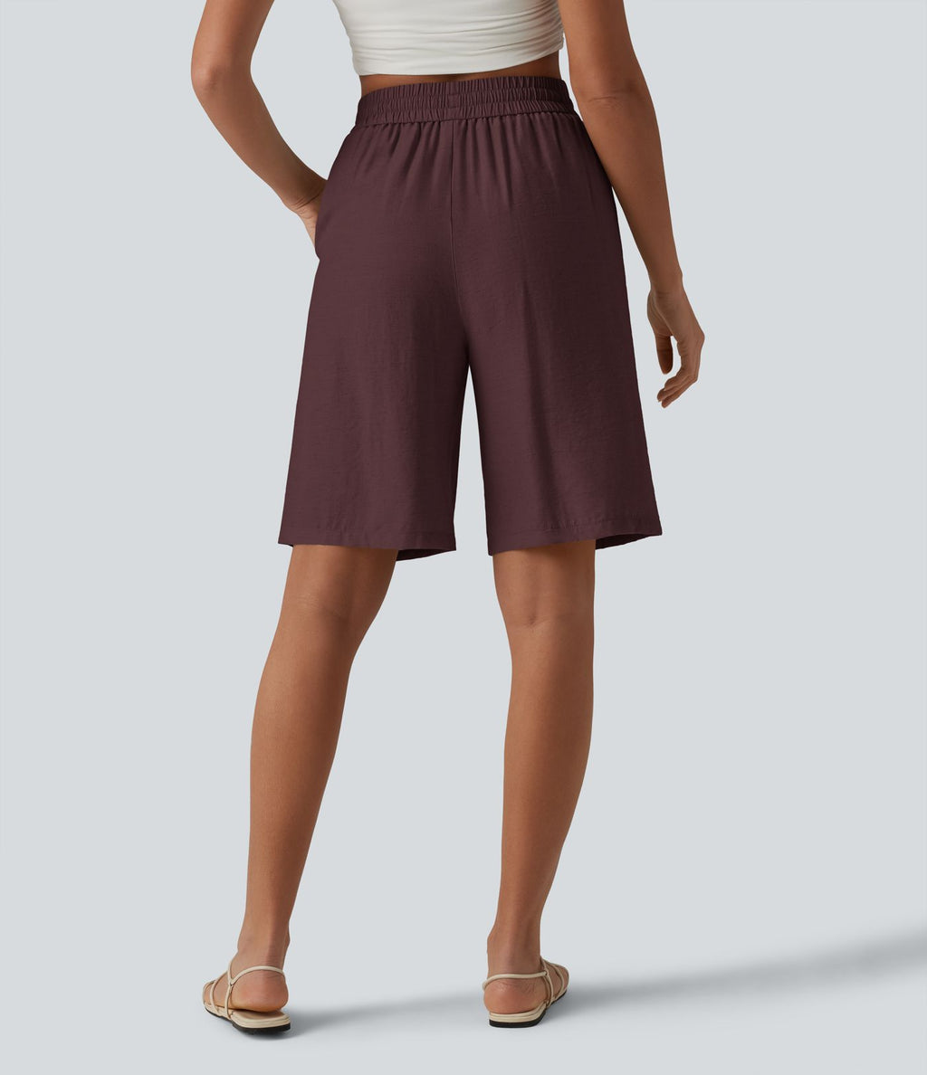 Short décontracté taille haute en lin mélangé avec cordon de serrage et poches, 25 cm