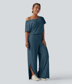 Combinaison casual asymétrique manches courtes avec poches et fente - Easy Peasy