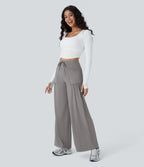 Pantalon Large Yoga Taille Haute avec Cordon de Serrage Plusieurs Poches et Plis