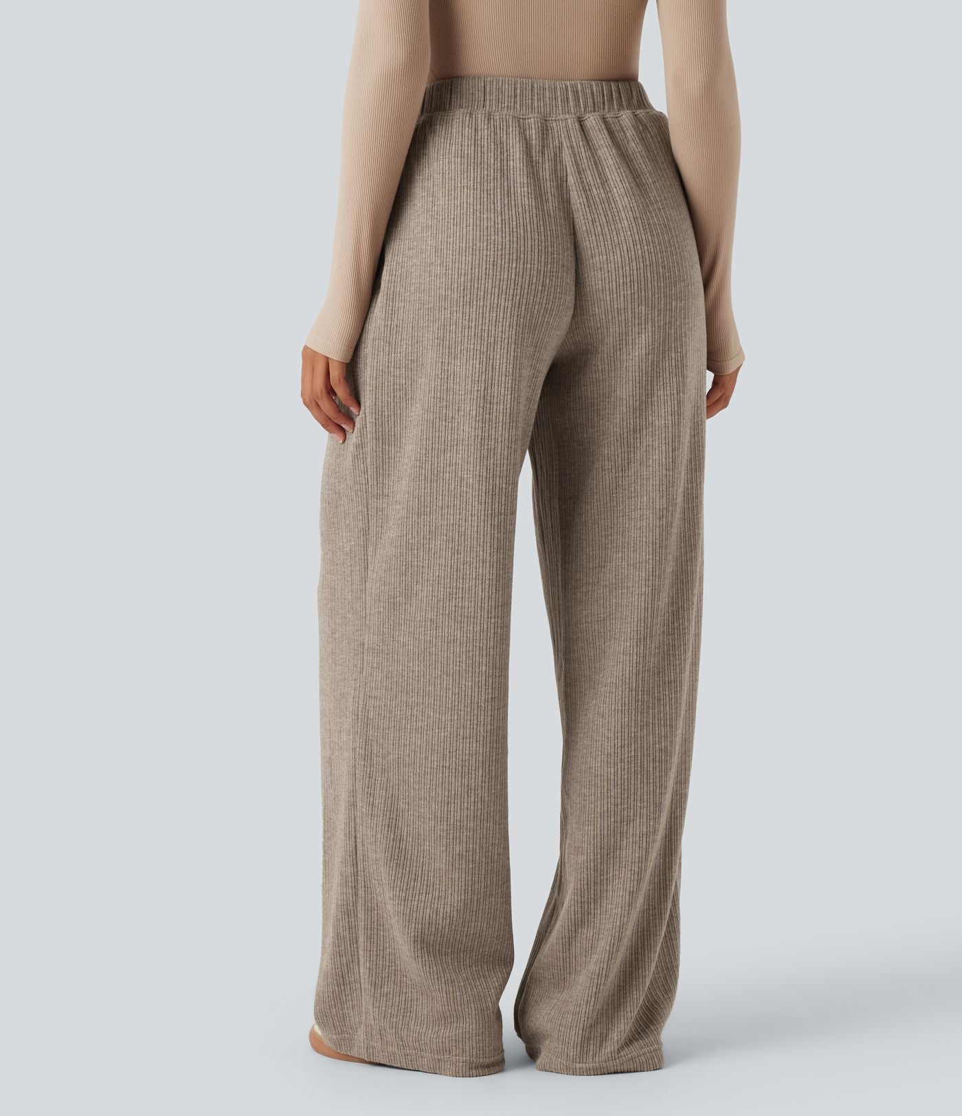 Pantalon décontracté droit côtelé, taille haute, avec poches et détail croisé