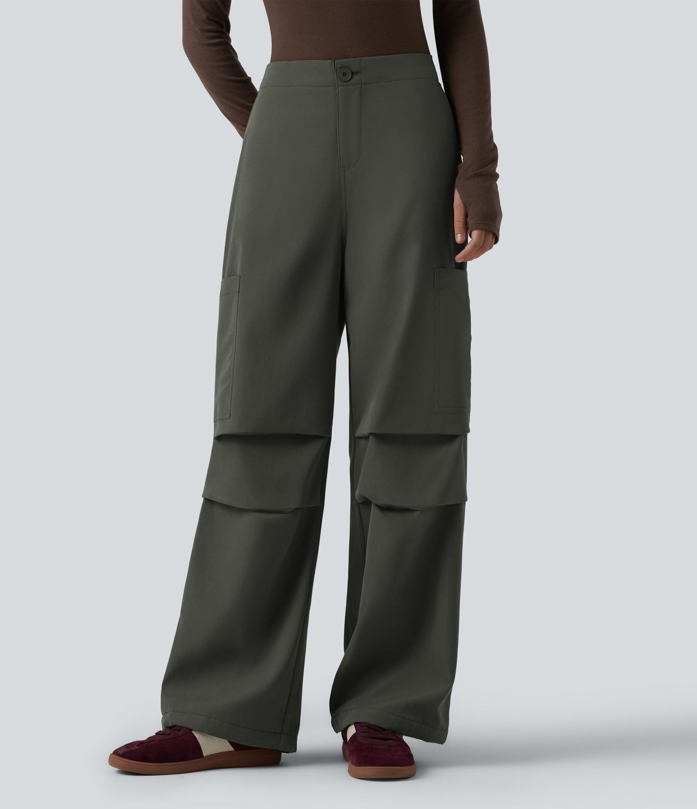 Pantalon parachute large fluide décontracté en polaire taille haute avec poches