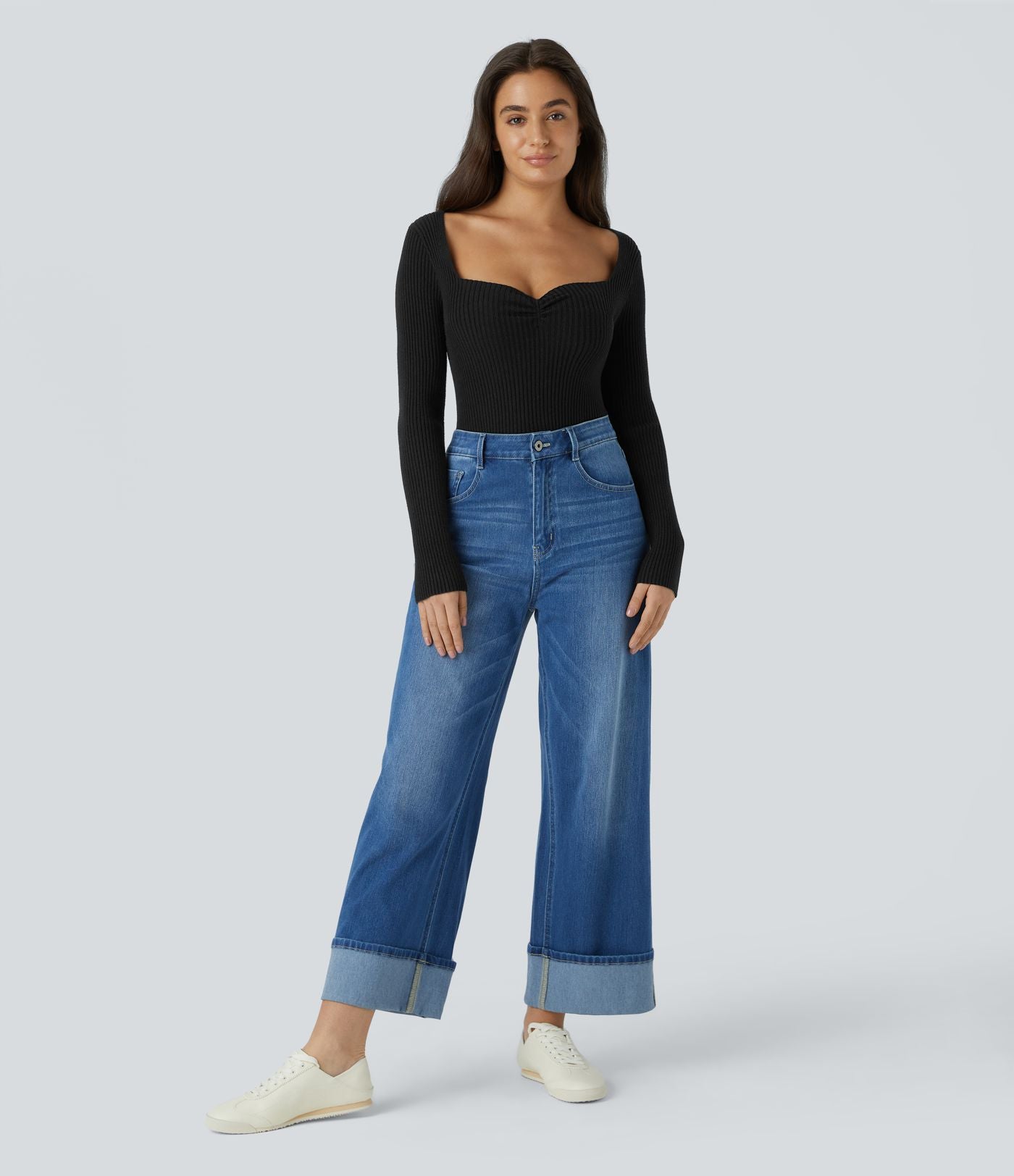 Pull décontracté moulant à col cœur et manches longues