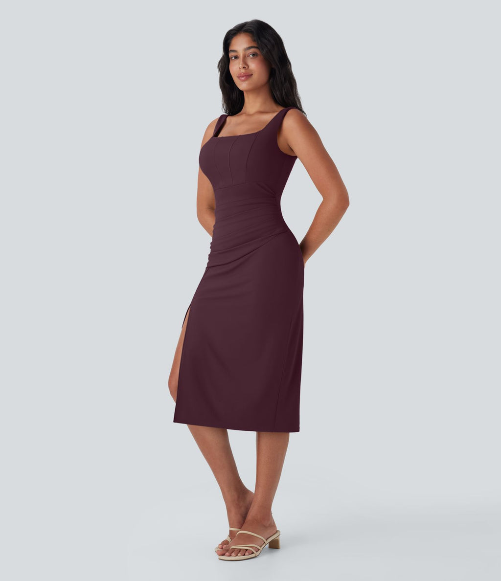 Robe moulante mi-longue SoftlyZero™ Airy col carré corset froncée effet frais InstantCool, bonnets E-G