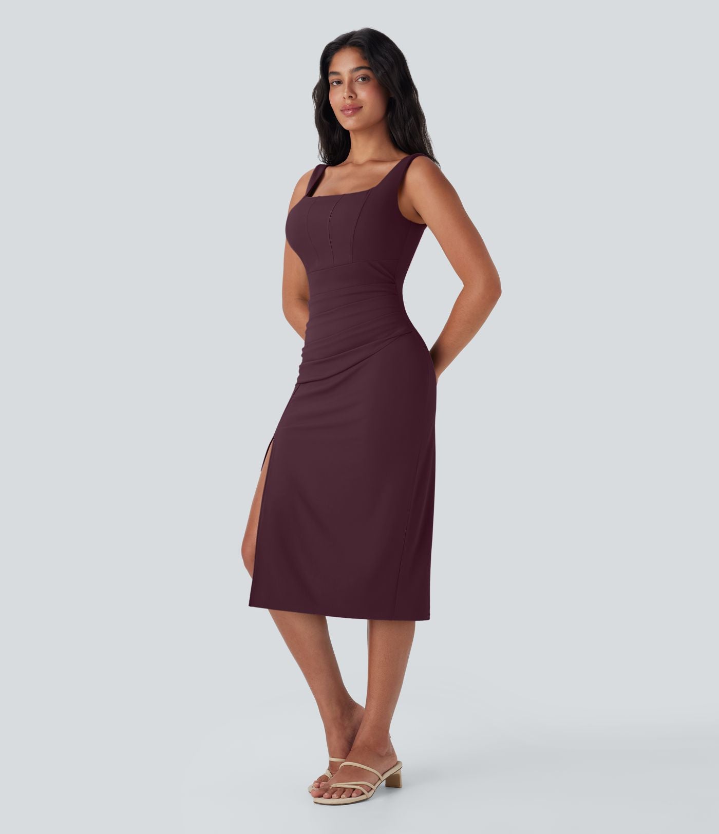 Robe moulante mi-longue SoftlyZero™ Airy col carré corset froncée effet frais InstantCool, bonnets E-G