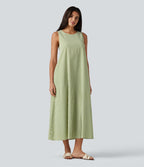 Robe débardeur midi décontractée col rond sans manches en vichy froissé avec poches