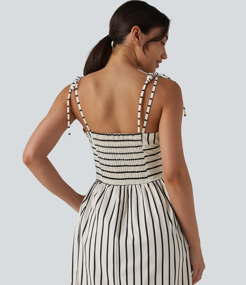 Robe midi rayée bretelles fines avec laçage et poches