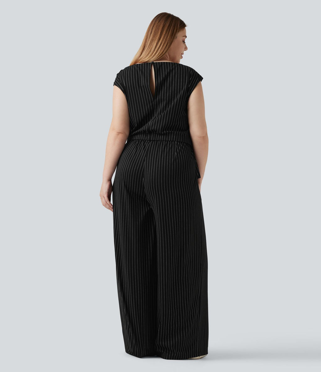 Combinaison grande taille rayée effet frais InstantCool à col bateau pour le bureau avec nœud sur le côté, poches et accès facile Easy Peasy