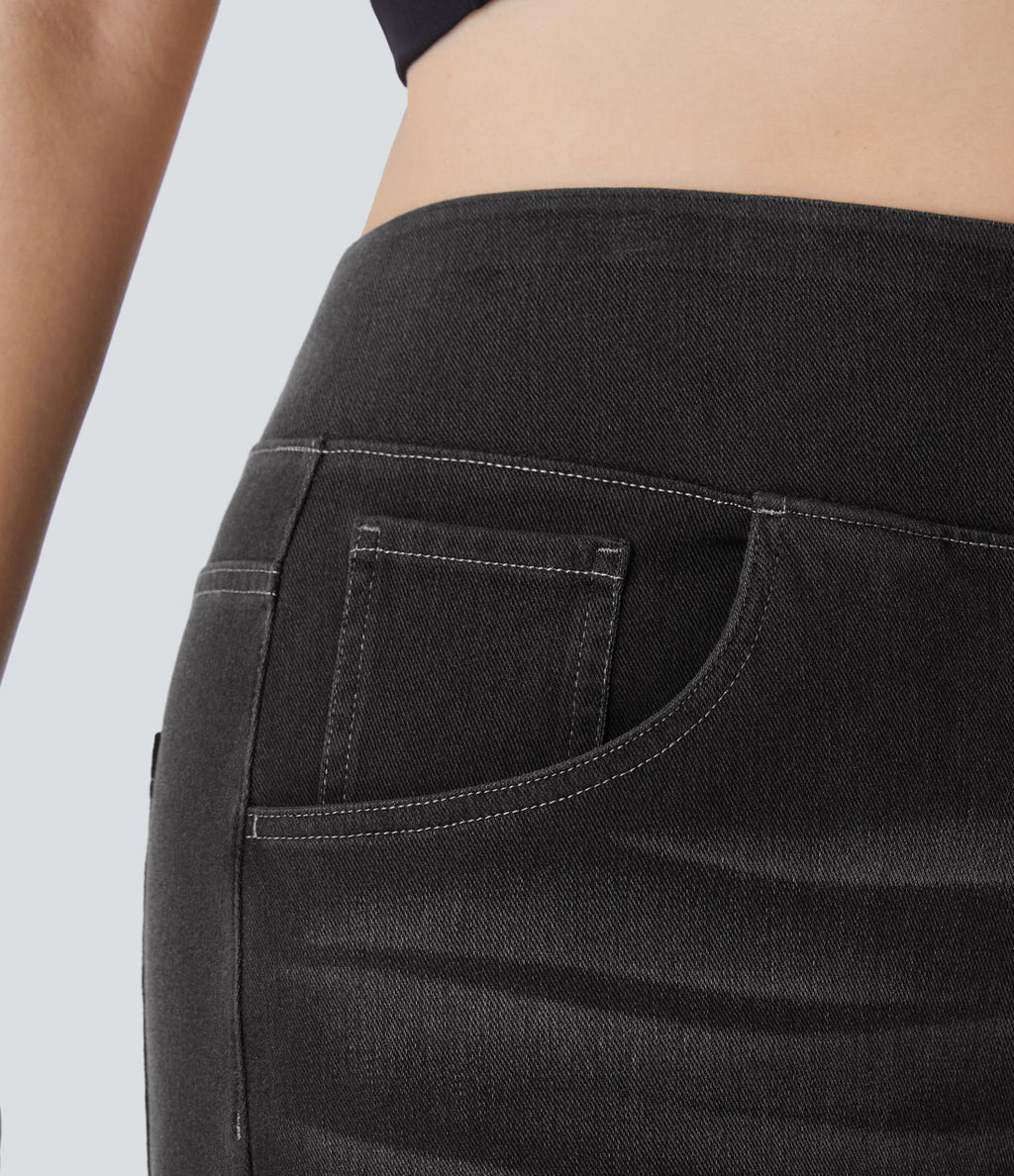 Halara Flex™ Jeans Larges Casual Taille Haute Multiples Poches Lavés Élastiques et Tricotés Grande Taille