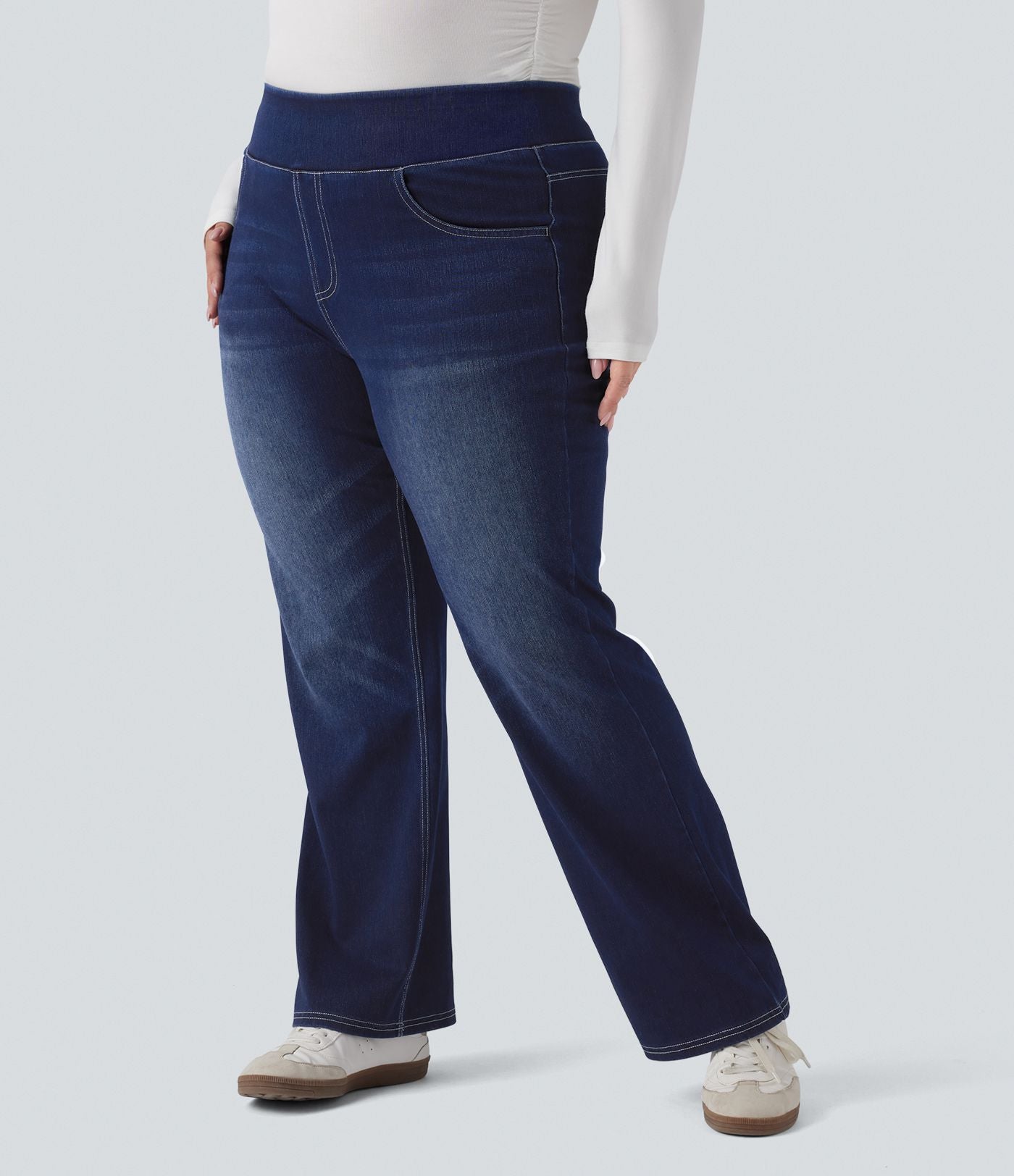 Jean décontracté Halara Flex™ grande taille bootcut taille haute en maille extensible délavée avec multiples poches
