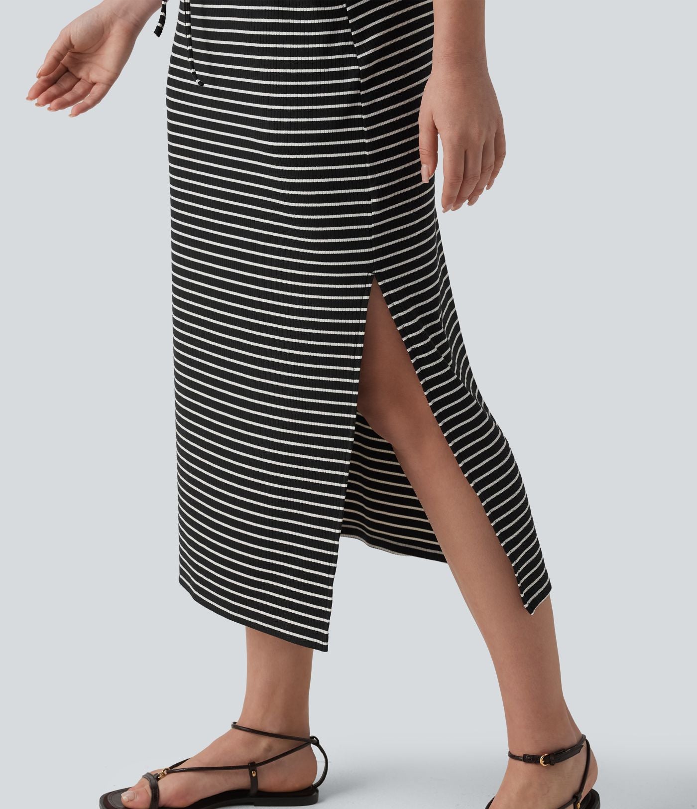 Robe décontractée midi rayée avec brassière intégrée cordon de serrage et poches