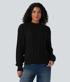 Pull décontracté maille torsadée col rond manches raglan longues coupe décontractée