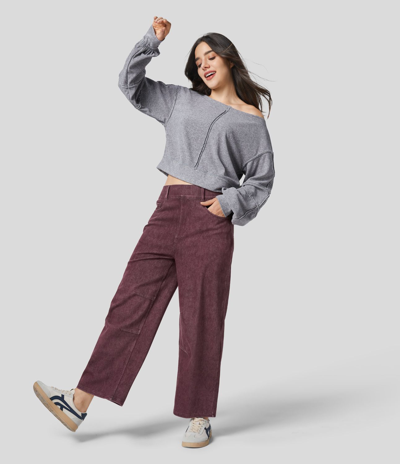 Halara Flex™ Jeans Causal Fuselés à Taille Mi-haute avec Plusieurs Poches en Tricot Extensible Coloré