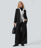 Pantalon tailleur anti-froissement aspect lin taille haute jambe large avec poches