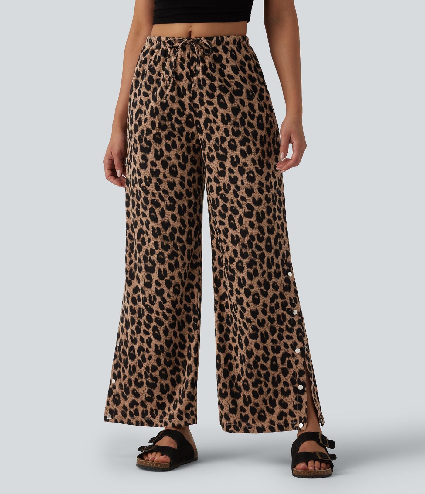 Pantalon large casual en maille gaufrée imprimé léopard taille mi-haute avec cordon de serrage et poches
