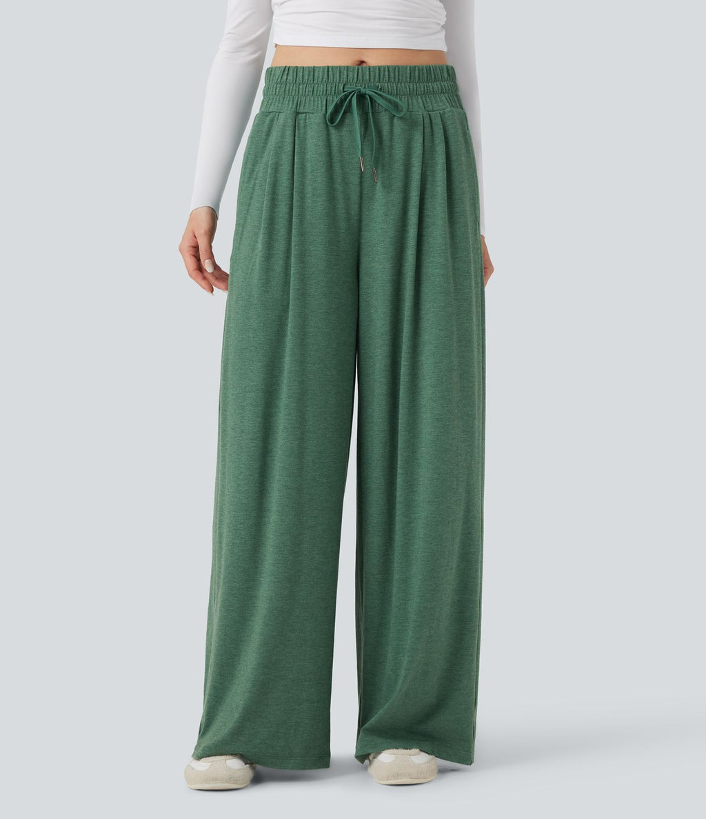 Pantalon large décontracté chiné taille mi-haute avec cordon et poches