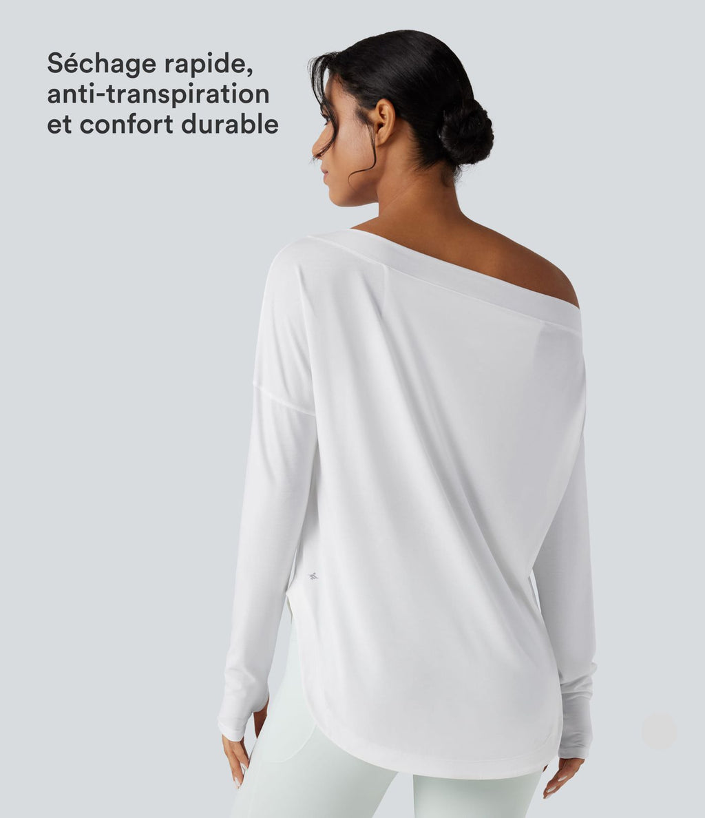 Top de sport yoga une épaule séchage rapide ourlet arrondi asymétrique manches longues avec trous pouces - Brassière intégrée