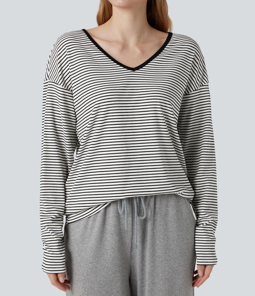 T-shirt rayé col V manches longues