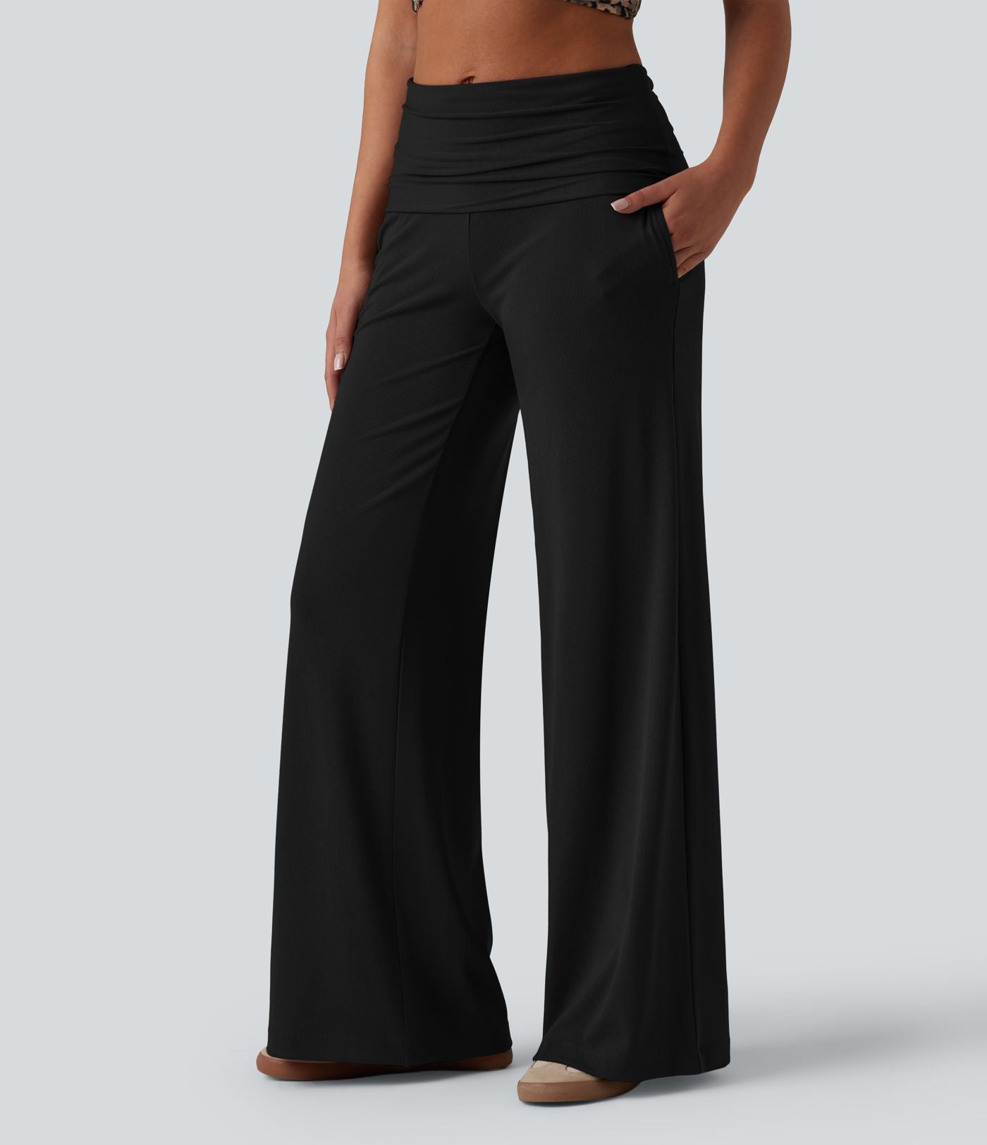 Pantalon ample décontracté en maille côtelée taille très haute rabattable avec poches