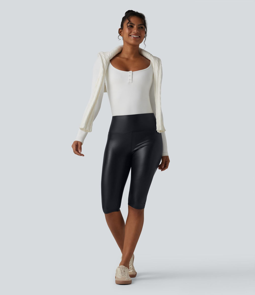 Legging corsaire casual ventre plat taille haute extensible en simili cuir avec poches