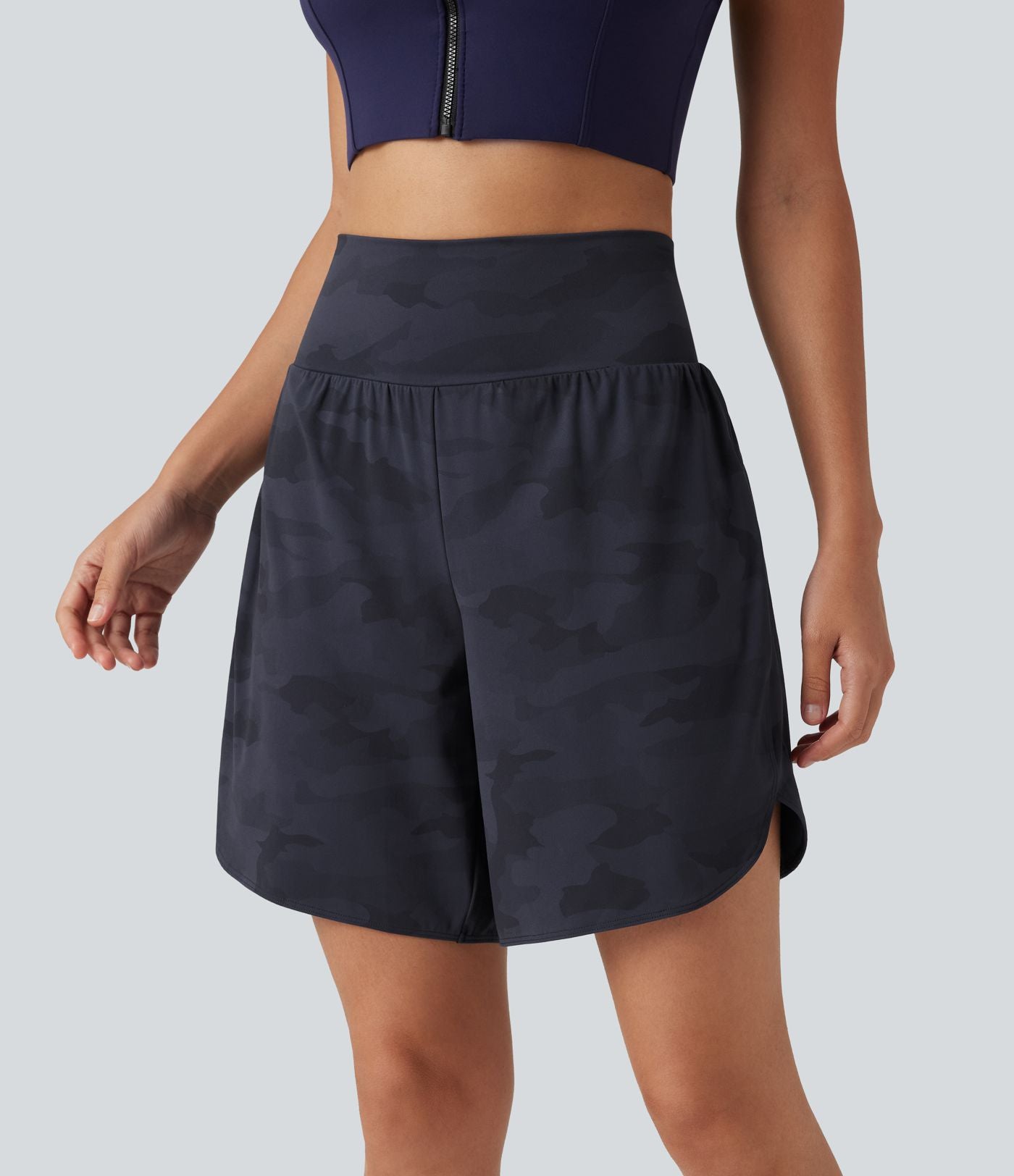 Short de running Halara UltraSculpt™ gainant taille haute imprimé camouflage avec ourlet arrondi et poche - 18 cm