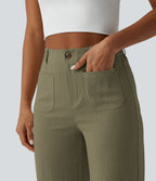 Pantalon taille haute coupe droite effet lin avec poches