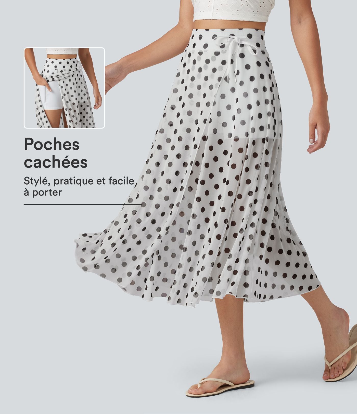 Jupe-short midi fluide évasée taille haute style vacances en mesh à pois avec cordon de serrage et poches