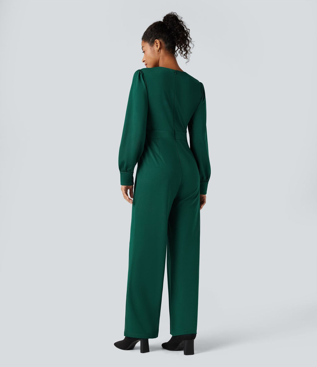Combinaison tailleur col V manches longues bouffantes coupe droite avec poches