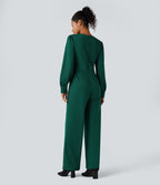Combinaison tailleur col V manches longues bouffantes coupe droite avec poches