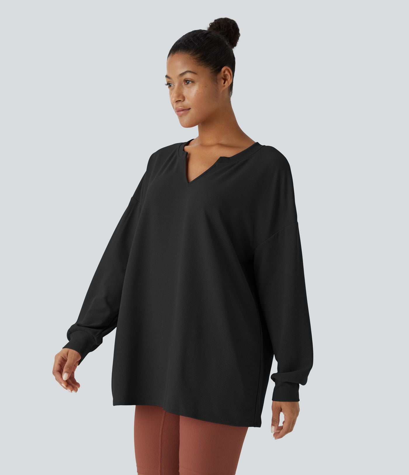 Sweat décontracté en tissu gaufré avec col en V et épaules tombantes