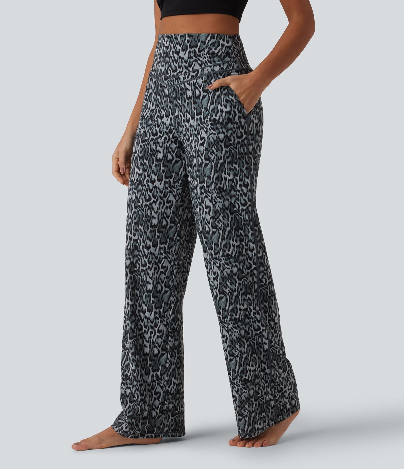 Pantalon de yoga jambes droites taille haute gainant imprimé léopard Halara UltraSculpt™ avec poches