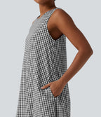 Robe débardeur midi décontractée col rond sans manches en vichy froissé avec poches