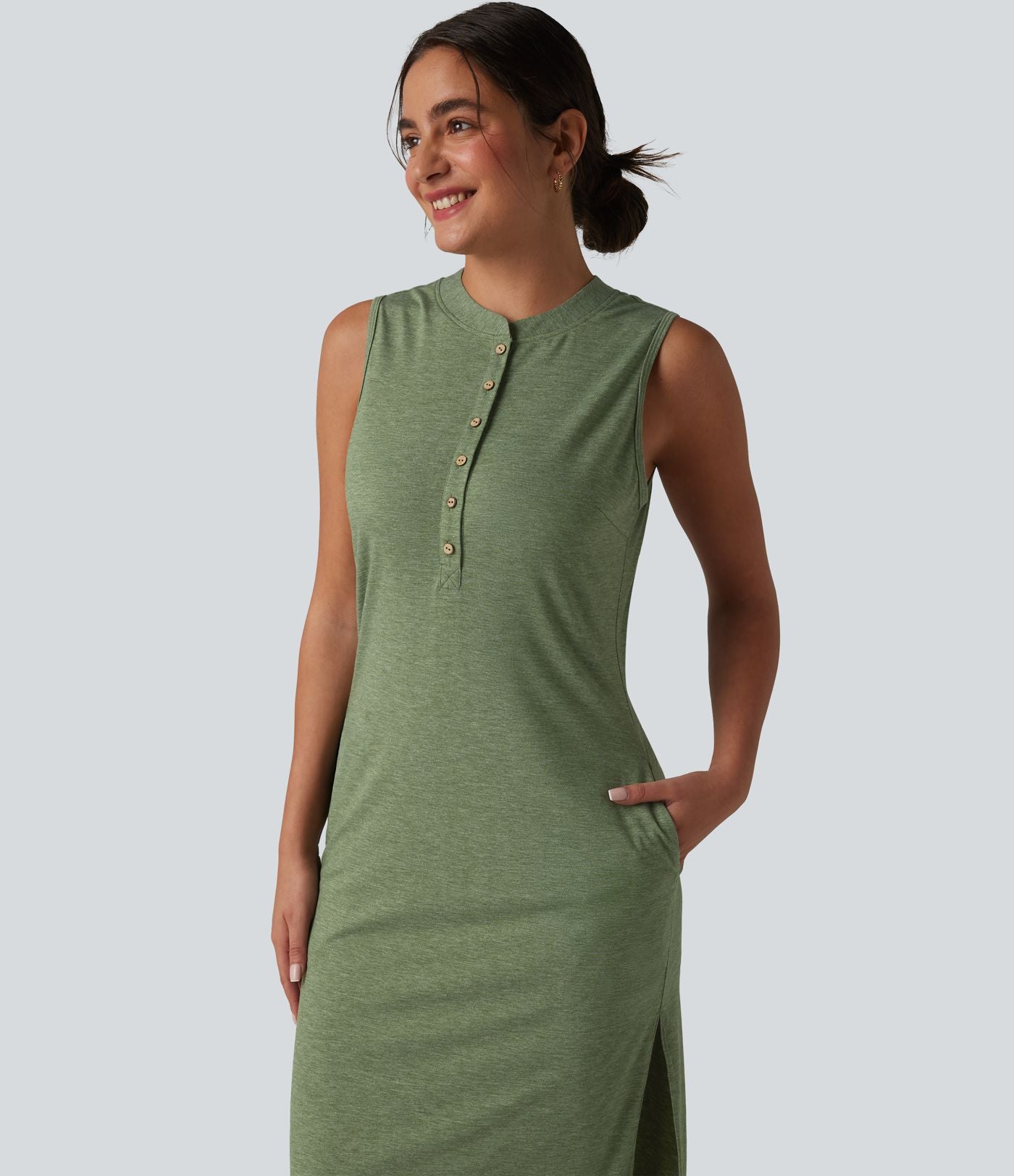 Robe midi décontractée sans manches col tunisien avec poches